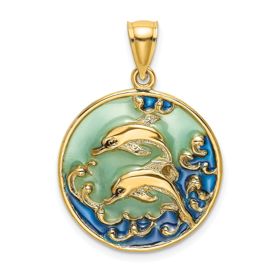 Lovely Rita's Pendants & Charms 14K Yellow Gold Polished Blue Green Enameled Finish Two Dolphins Swimming Design Charm Pendant