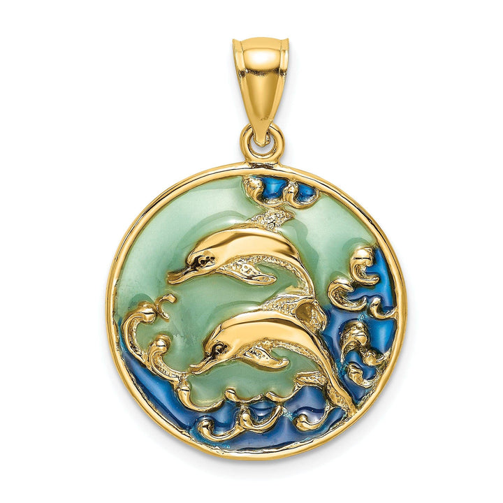 Lovely Rita's Pendants & Charms 14K Yellow Gold Polished Blue Green Enameled Finish Two Dolphins Swimming Design Charm Pendant