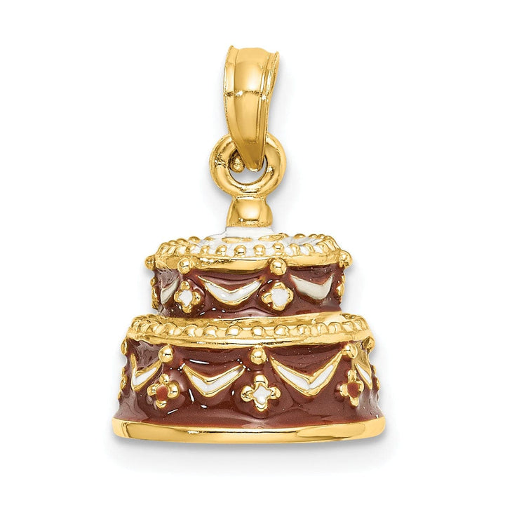 Lovely Rita's Pendants & Charms 14K Yellow Gold Polished Brown Enameled Finish 3-Dimensional HAPPY BIRTHDAY Cake Design with Brown Frosting Charm Pendant