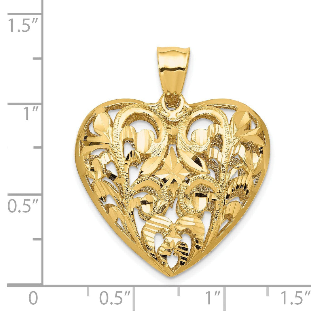 Lovely Rita's Pendants & Charms 14K Yellow Gold Polished Diamond Cut Finish Solid 3-Dimensional Filigree Heart Design Charm Pendant