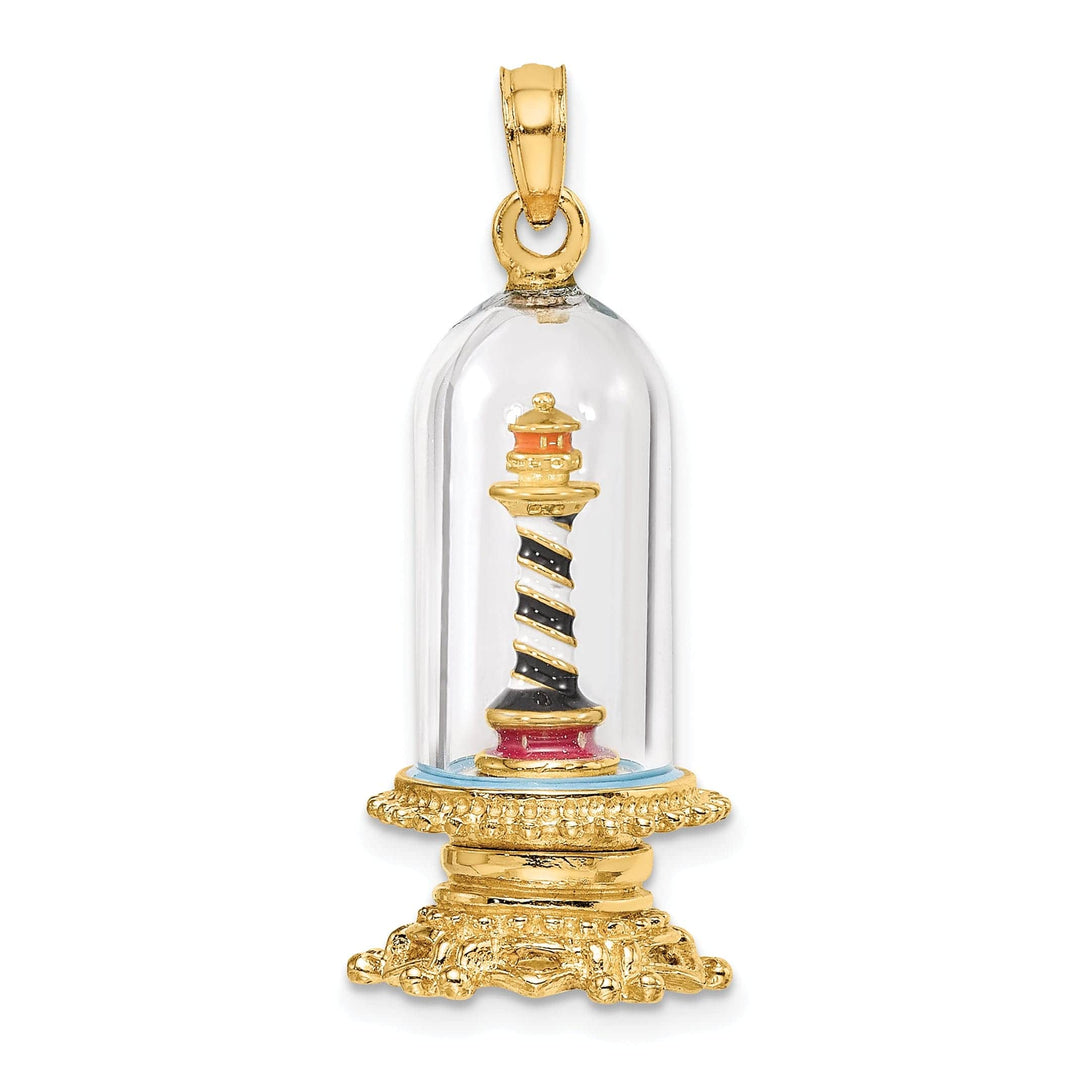 Lovely Rita's Pendants & Charms 14K Yellow Gold Polished Enamel Finish 3-D Lighthouse In Glass Dome Charm
