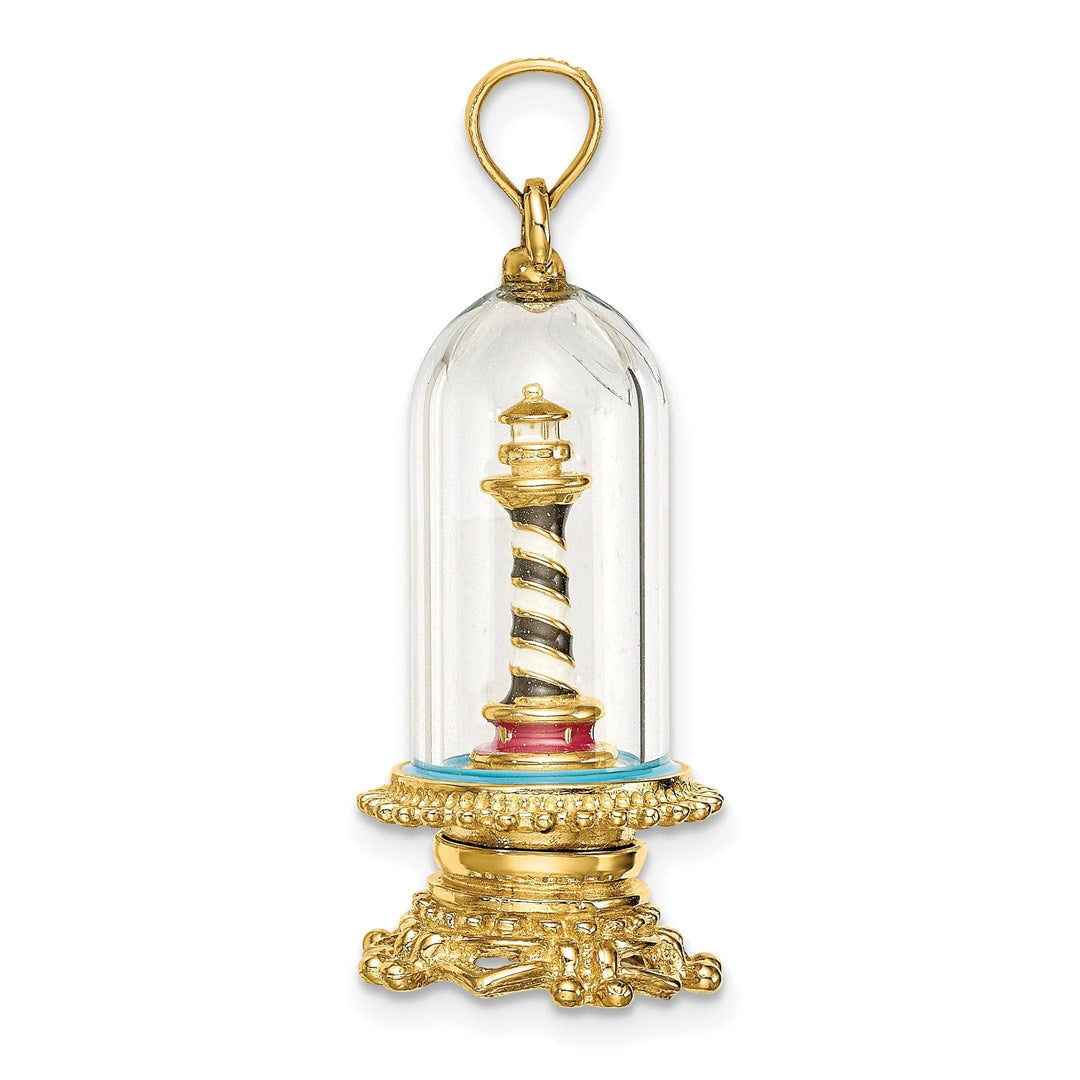 Lovely Rita's Pendants & Charms 14K Yellow Gold Polished Enamel Finish 3-D Lighthouse In Glass Dome Charm