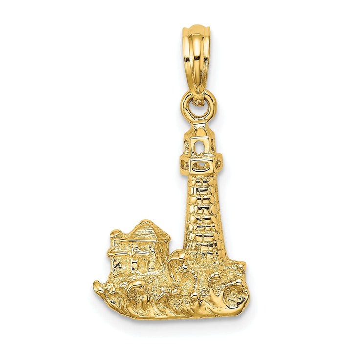 Lovely Rita's Pendants & Charms 14K Yellow Gold Polished Finish 2-D Lighthouse with Waves Building Design Charm