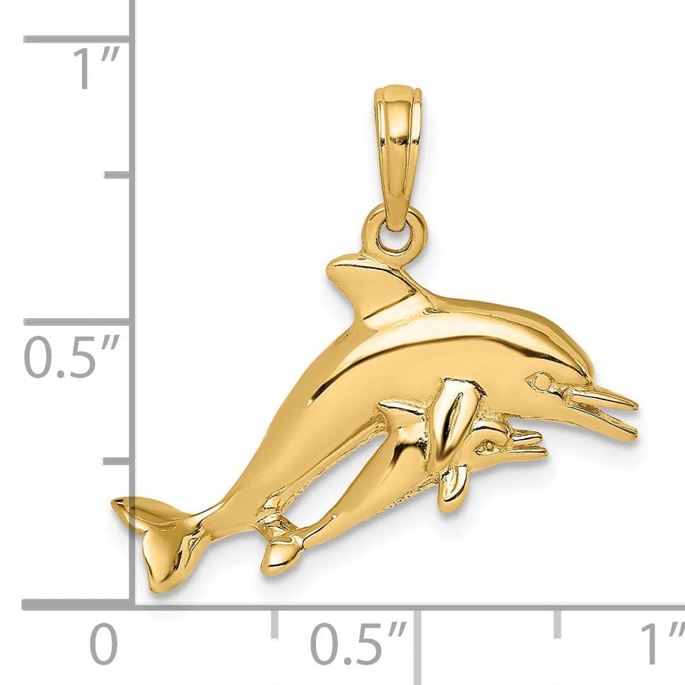 Lovely Rita's Pendants & Charms 14K Yellow Gold Polished Finish 2-Dimensional Double Dolphins Swimming Together Charm Pendant