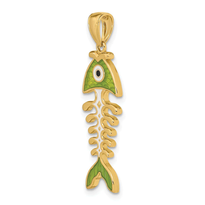 Lovely Rita's Pendants & Charms 14k Yellow Gold Polished Finish 3-D with Green Enamel Fish Bone Design Charm