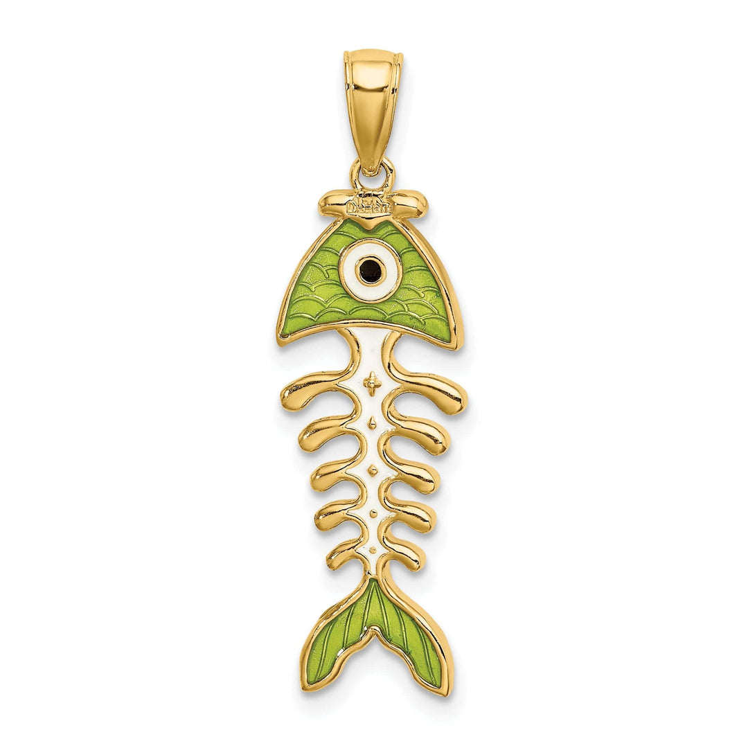 Lovely Rita's Pendants & Charms 14k Yellow Gold Polished Finish 3-D with Green Enamel Fish Bone Design Charm