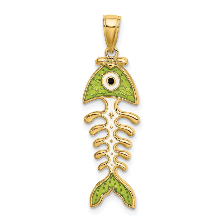 Lovely Rita's Pendants & Charms 14k Yellow Gold Polished Finish 3-D with Green Enamel Fish Bone Design Charm