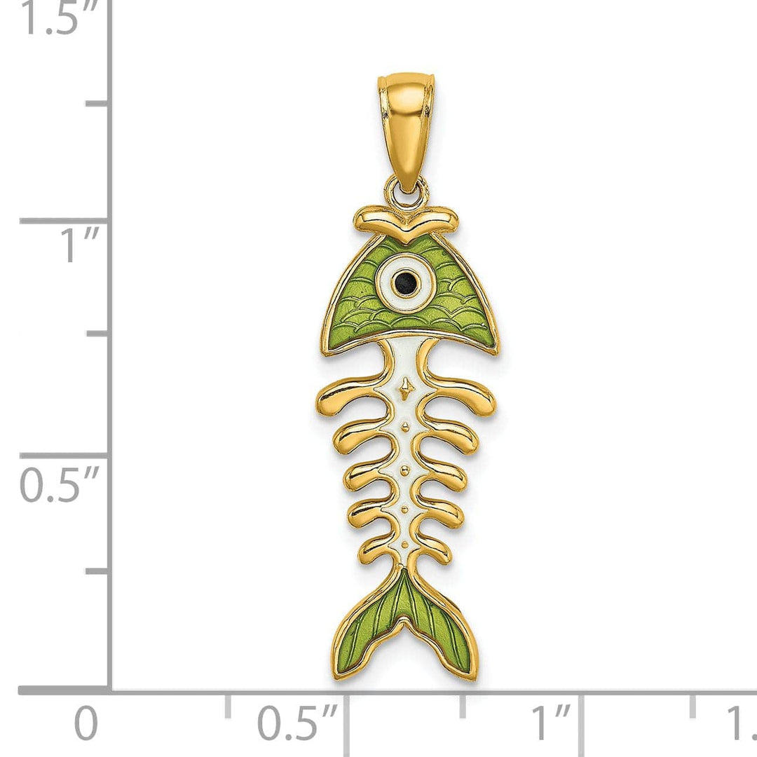Lovely Rita's Pendants & Charms 14k Yellow Gold Polished Finish 3-D with Green Enamel Fish Bone Design Charm