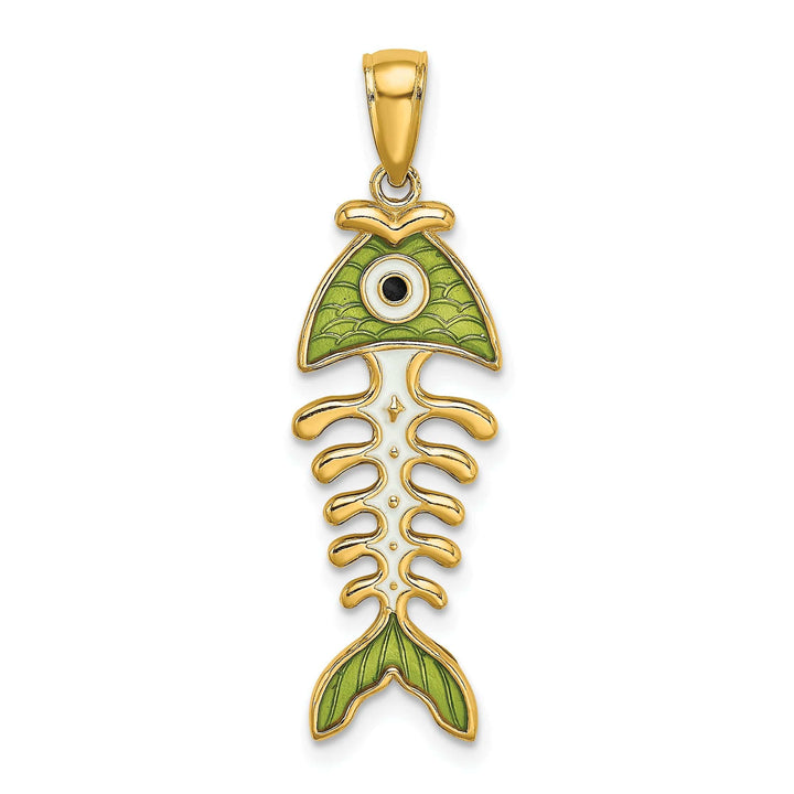 Lovely Rita's Pendants & Charms 14k Yellow Gold Polished Finish 3-D with Green Enamel Fish Bone Design Charm