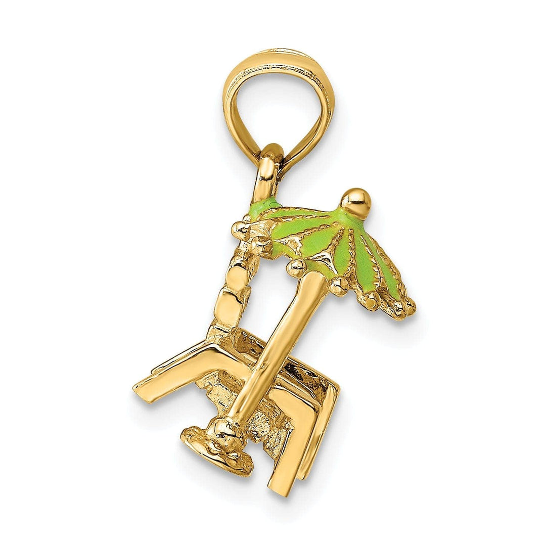 Lovely Rita's Pendants & Charms 14K Yellow Gold Polished Finish 3-Dimensional Beach Chair with Green Color Enameled Umbrella Charm Pendant