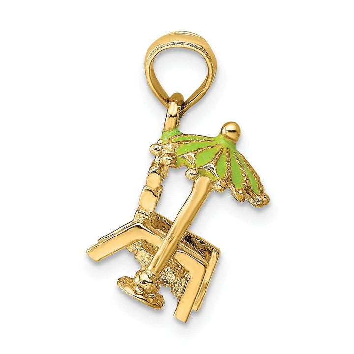 Lovely Rita's Pendants & Charms 14K Yellow Gold Polished Finish 3-Dimensional Beach Chair with Green Color Enameled Umbrella Charm Pendant