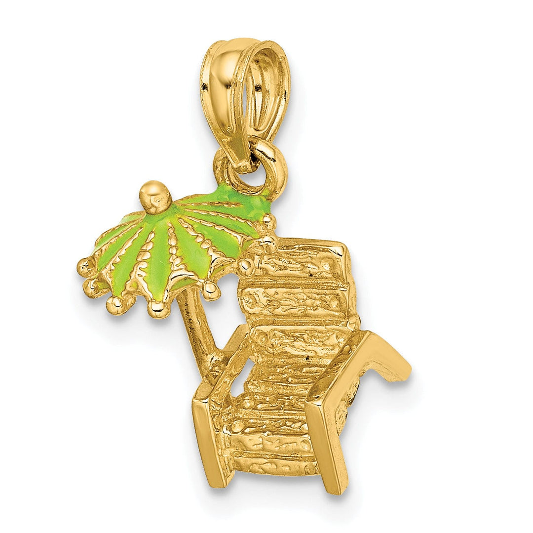 Lovely Rita's Pendants & Charms 14K Yellow Gold Polished Finish 3-Dimensional Beach Chair with Green Color Enameled Umbrella Charm Pendant