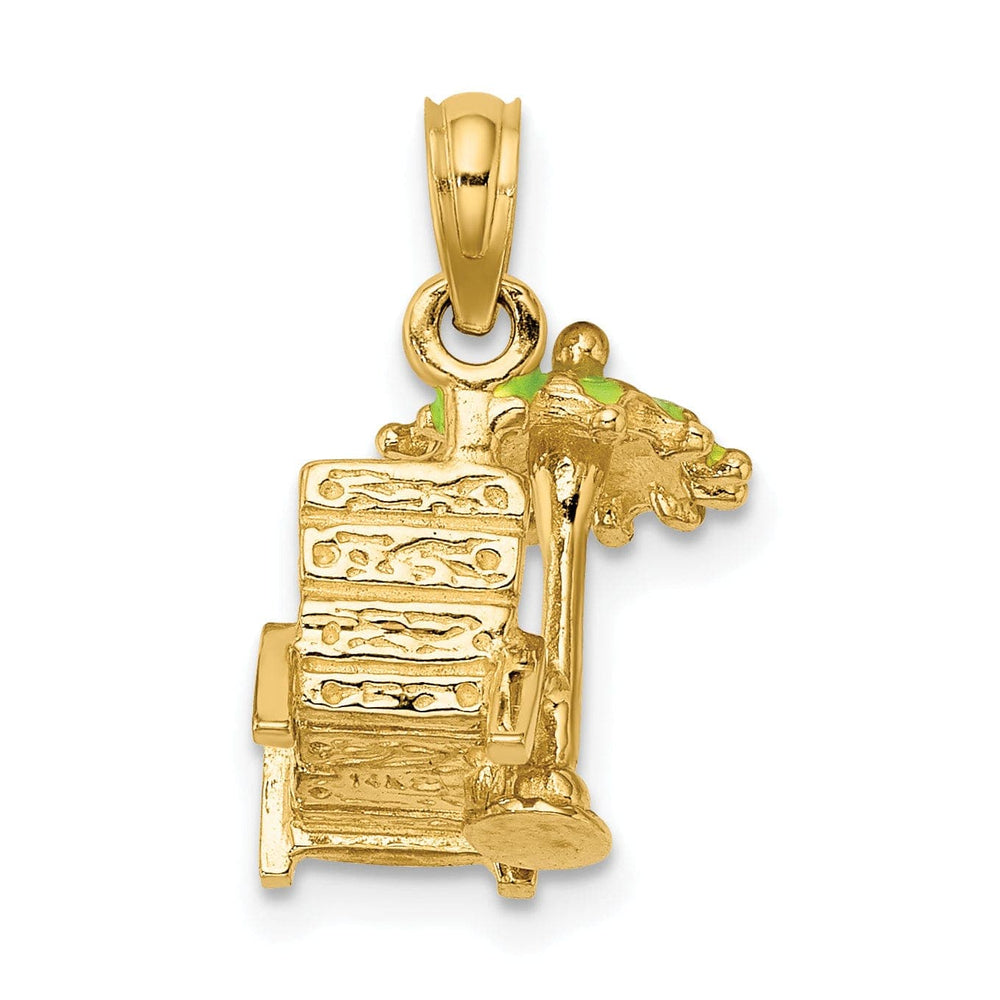 Lovely Rita's Pendants & Charms 14K Yellow Gold Polished Finish 3-Dimensional Beach Chair with Green Color Enameled Umbrella Charm Pendant