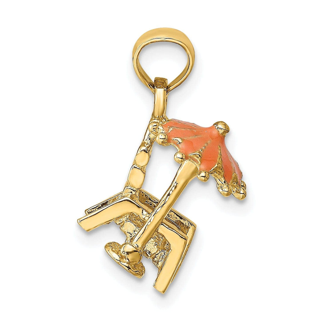 Lovely Rita's Pendants & Charms 14K Yellow Gold Polished Finish 3-Dimensional Beach Chair with Orange Color Enameled Umbrella Charm Pendant