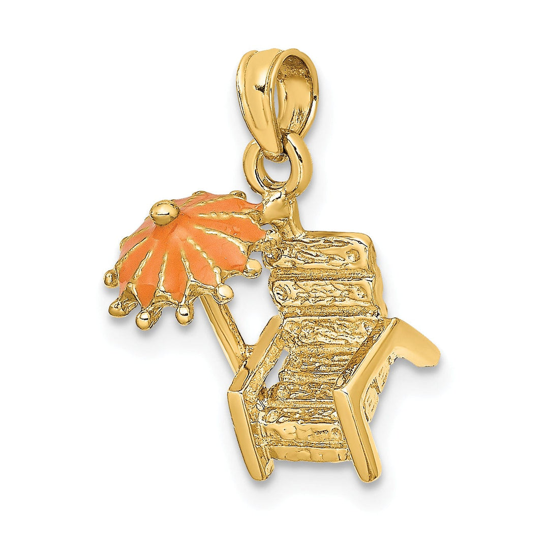 Lovely Rita's Pendants & Charms 14K Yellow Gold Polished Finish 3-Dimensional Beach Chair with Orange Color Enameled Umbrella Charm Pendant