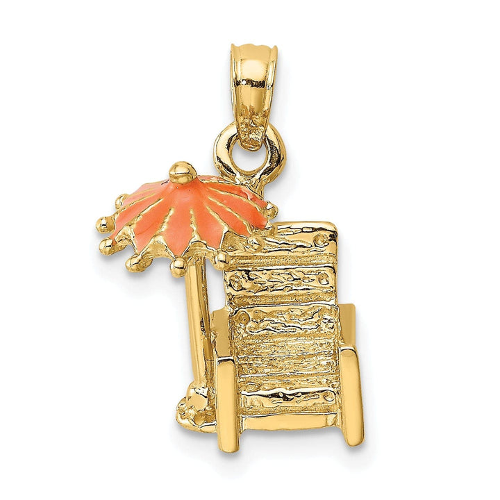 Lovely Rita's Pendants & Charms 14K Yellow Gold Polished Finish 3-Dimensional Beach Chair with Orange Color Enameled Umbrella Charm Pendant