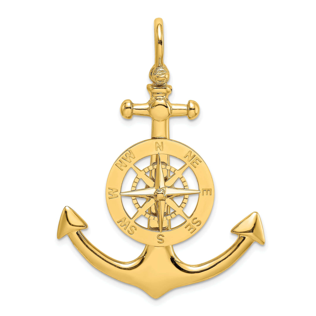 Lovely Rita's Pendants & Charms 14K Yellow Gold Polished Finish 3-Dimensional Large Anchor with Nautical Boating Compass Design Charm Pendant