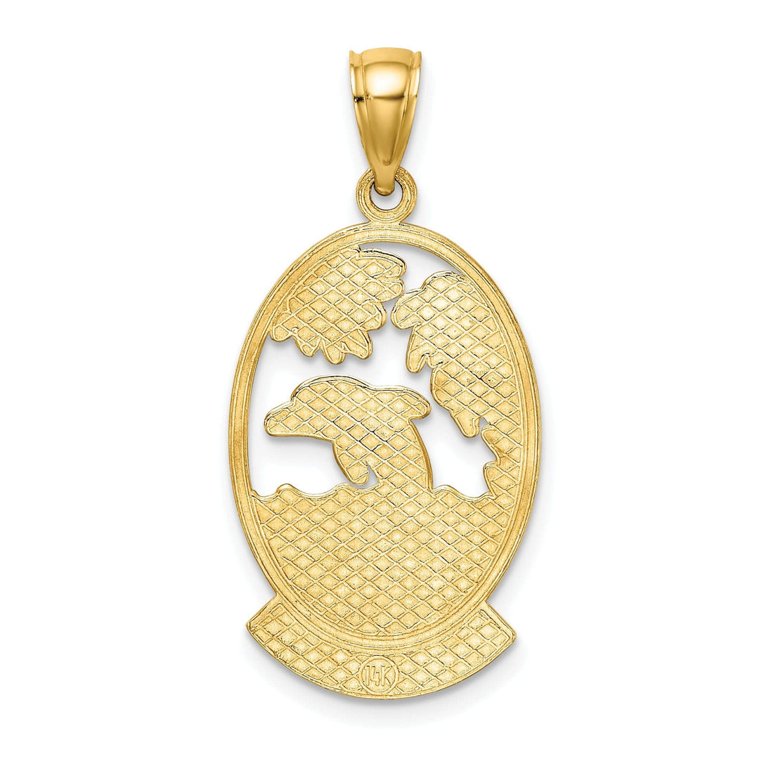 Lovely Rita's Pendants & Charms 14K Yellow Gold Polished Finish BARBADOS with Dolphin Sunset Scene Design Oval Charm Pendant
