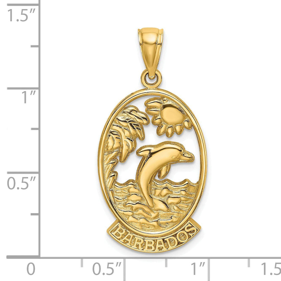 Lovely Rita's Pendants & Charms 14K Yellow Gold Polished Finish BARBADOS with Dolphin Sunset Scene Design Oval Charm Pendant