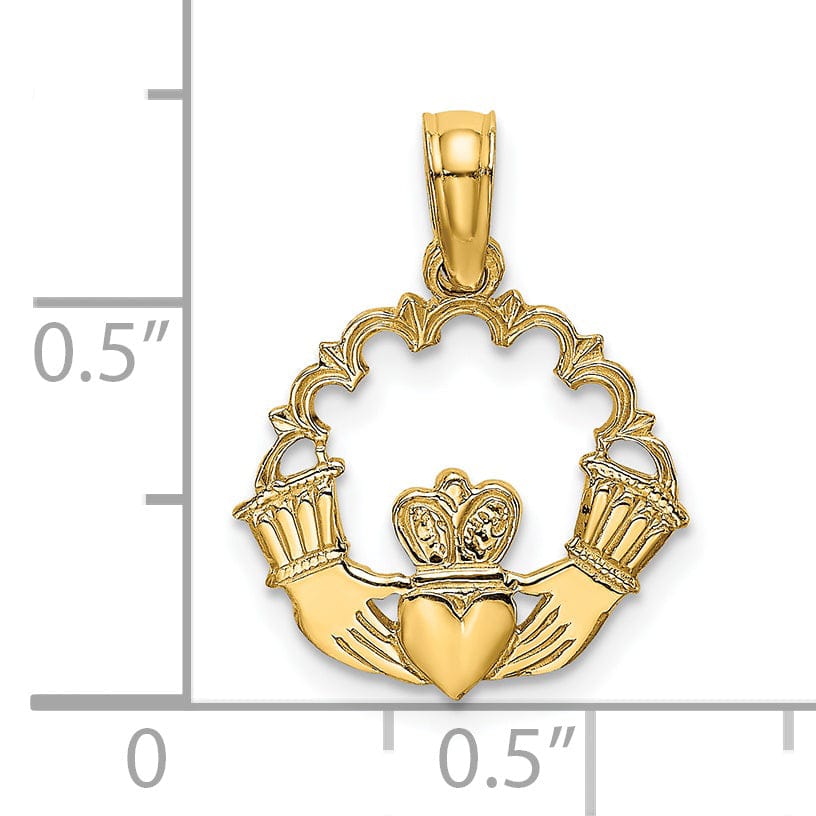 Lovely Rita's Pendants & Charms 14K Yellow Gold Polished Finish Claddagh In Scallop Circle Design Charm Pendant