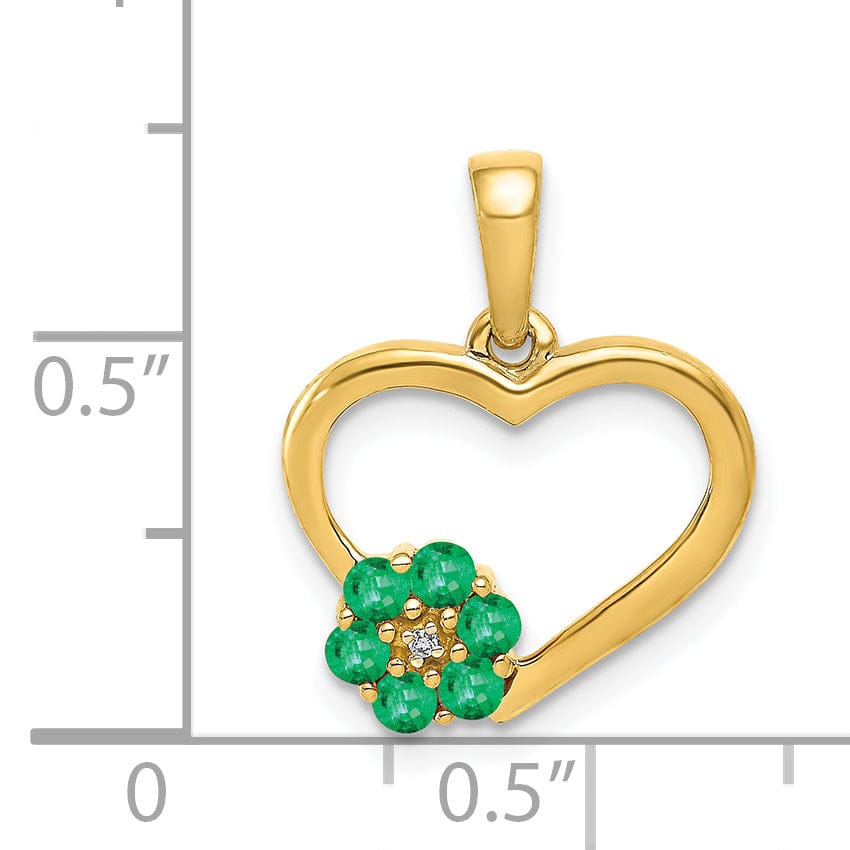 Lovely Rita's Pendants & Charms 14k Yellow Gold Polished Finish Closed Back 0.003-CT Diamond & 0.155-CT Emerald Stones Heart and Flower Design Charm Pendant