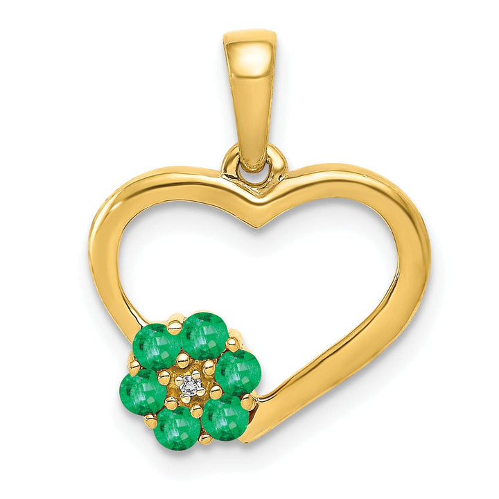 Lovely Rita's Pendants & Charms 14k Yellow Gold Polished Finish Closed Back 0.003-CT Diamond & 0.155-CT Emerald Stones Heart and Flower Design Charm Pendant