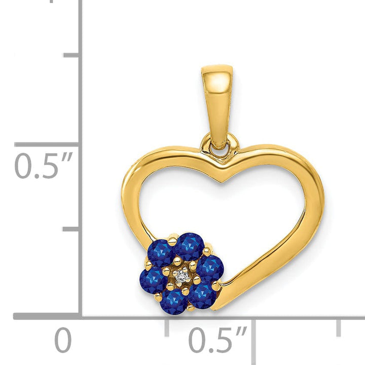 Lovely Rita's Pendants & Charms 14k Yellow Gold Polished Finish Closed Back 0.003-CT Diamond & 0.21-CT Sapphire Stones Heart and Flower Design Charm Pendant