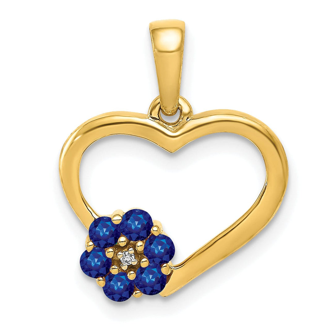 Lovely Rita's Pendants & Charms 14k Yellow Gold Polished Finish Closed Back 0.003-CT Diamond & 0.21-CT Sapphire Stones Heart and Flower Design Charm Pendant