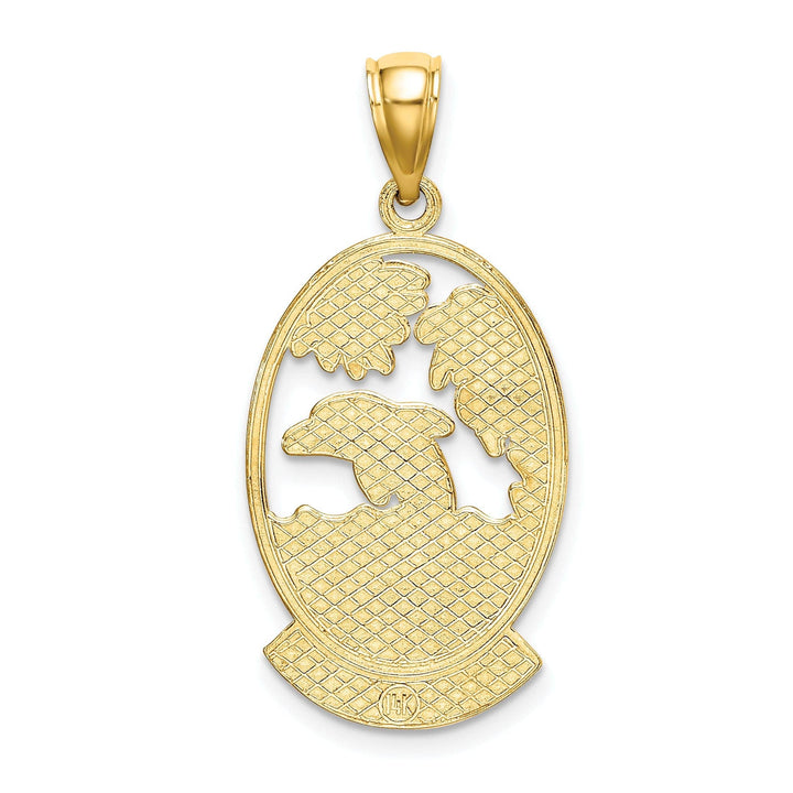 Lovely Rita's Pendants & Charms 14K Yellow Gold Polished Finish Flat Back ARUBA With Dolphin Sunset Design In Oval Shape Frame Charm Pendant
