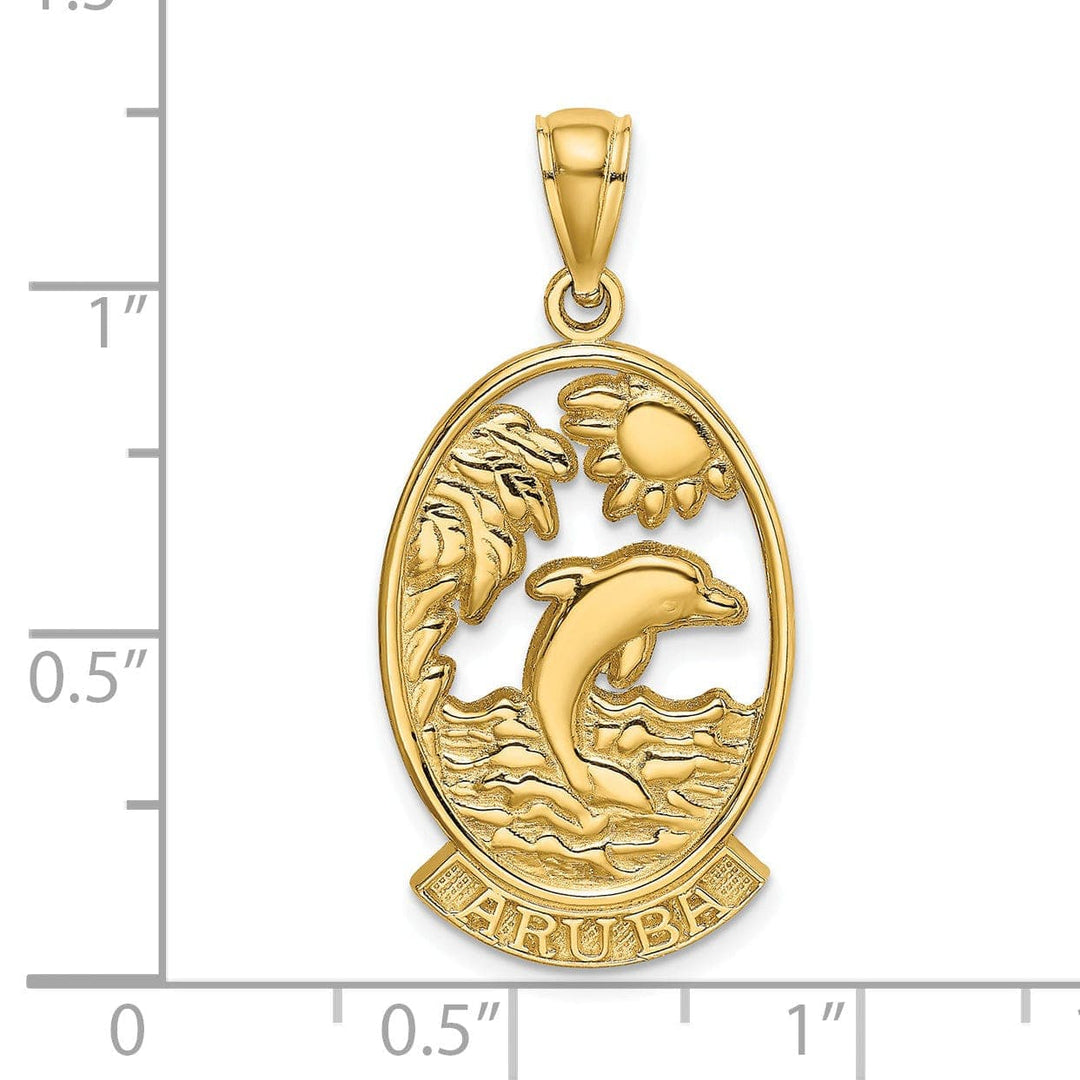 Lovely Rita's Pendants & Charms 14K Yellow Gold Polished Finish Flat Back ARUBA With Dolphin Sunset Design In Oval Shape Frame Charm Pendant