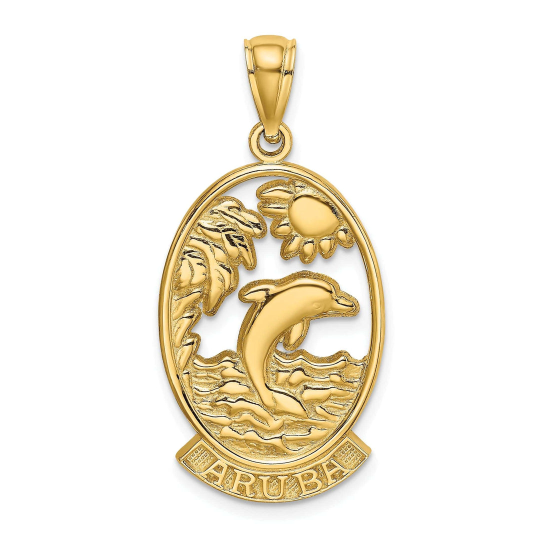 Lovely Rita's Pendants & Charms 14K Yellow Gold Polished Finish Flat Back ARUBA With Dolphin Sunset Design In Oval Shape Frame Charm Pendant