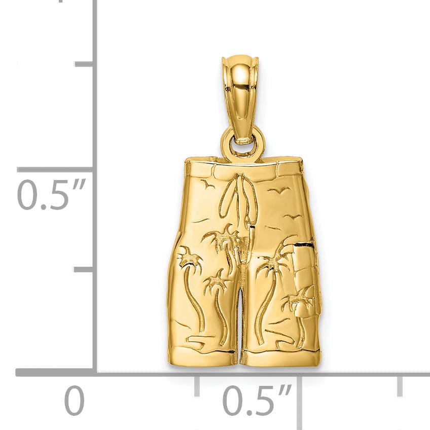 Lovely Rita's Pendants & Charms 14K Yellow Gold Polished Finish Flat Back Board Shorts with Engraved Palm Trees Design Charm Pendant
