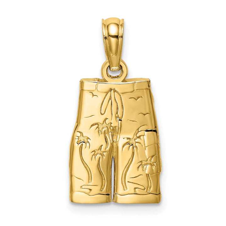 Lovely Rita's Pendants & Charms 14K Yellow Gold Polished Finish Flat Back Board Shorts with Engraved Palm Trees Design Charm Pendant