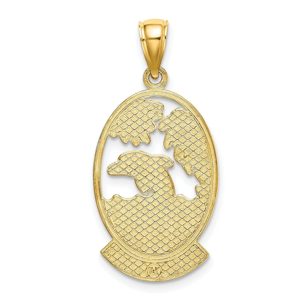 Lovely Rita's Pendants & Charms 14K Yellow Gold Polished Finish Flat Back CURACAO With Dolphin Sunset Design In Oval Shape Frame Charm Pendant