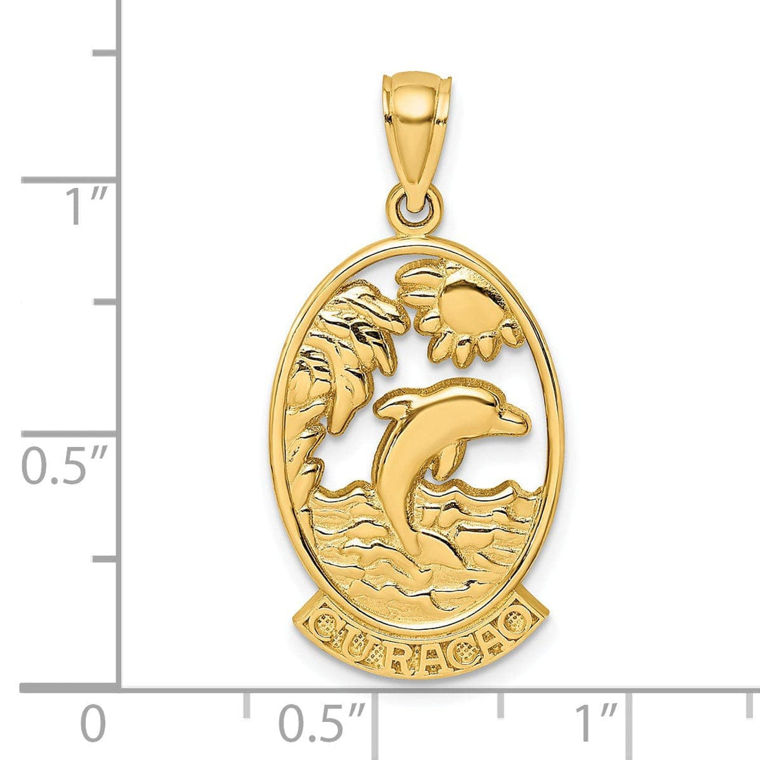 Lovely Rita's Pendants & Charms 14K Yellow Gold Polished Finish Flat Back CURACAO With Dolphin Sunset Design In Oval Shape Frame Charm Pendant