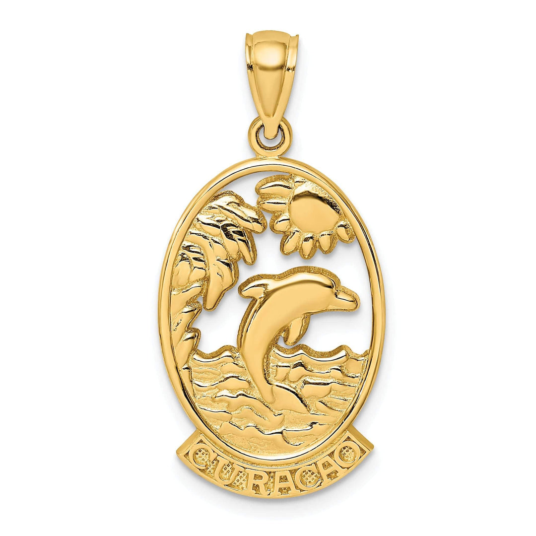 Lovely Rita's Pendants & Charms 14K Yellow Gold Polished Finish Flat Back CURACAO With Dolphin Sunset Design In Oval Shape Frame Charm Pendant