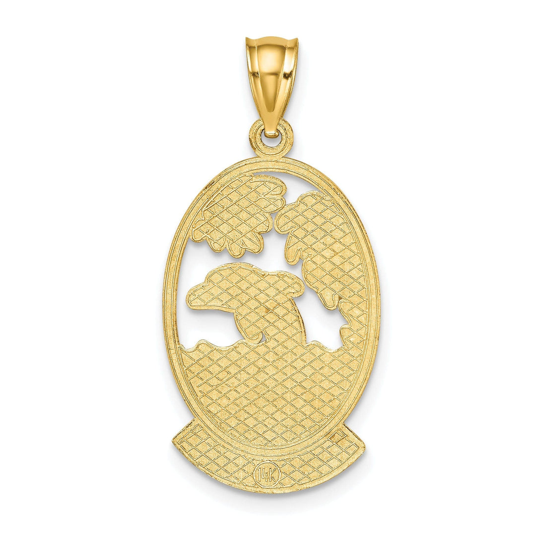 Lovely Rita's Pendants & Charms 14K Yellow Gold Polished Finish Flat Back Saint MARTIN With Dolphin Sunset Design In Oval Shape Frame Charm Pendant