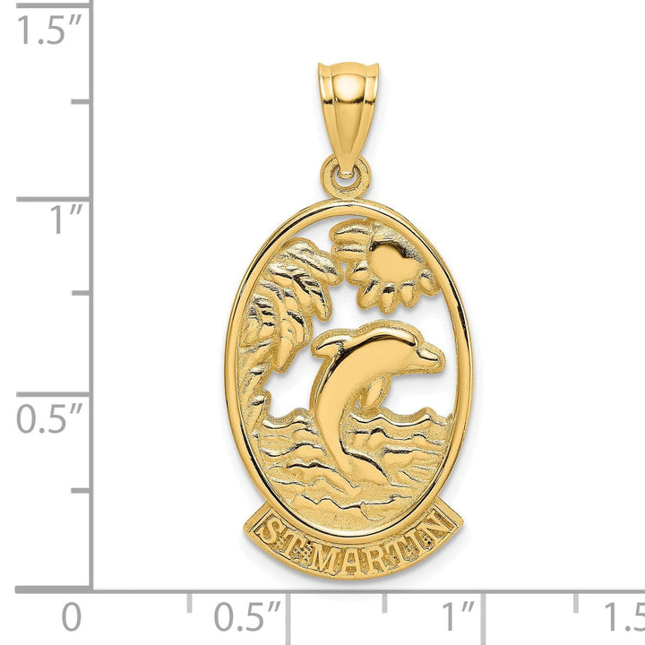 Lovely Rita's Pendants & Charms 14K Yellow Gold Polished Finish Flat Back Saint MARTIN With Dolphin Sunset Design In Oval Shape Frame Charm Pendant