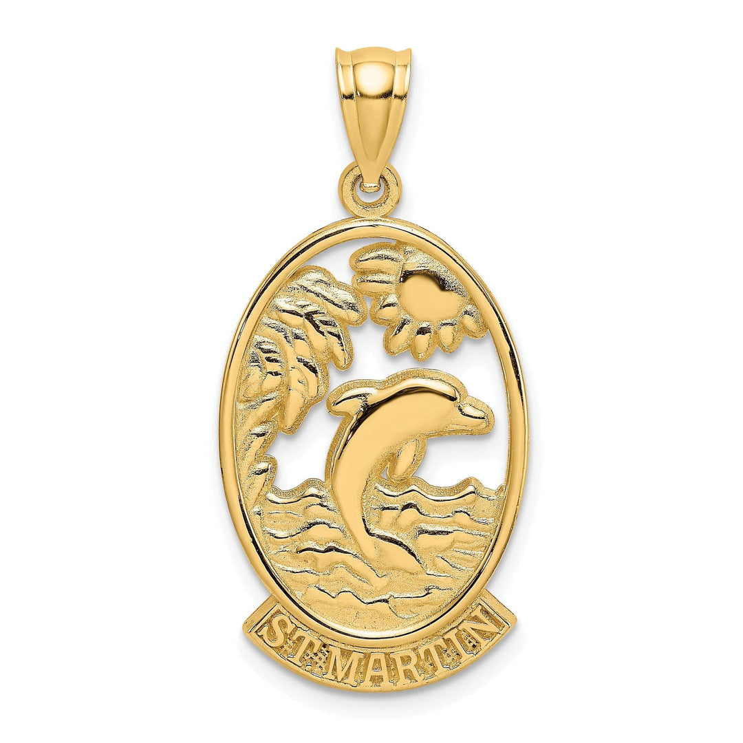 Lovely Rita's Pendants & Charms 14K Yellow Gold Polished Finish Flat Back Saint MARTIN With Dolphin Sunset Design In Oval Shape Frame Charm Pendant