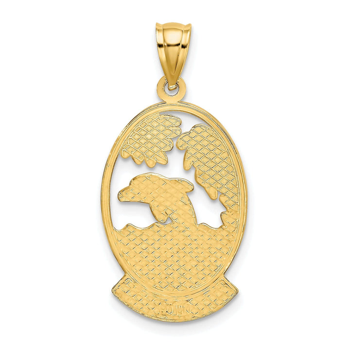 Lovely Rita's Pendants & Charms 14K Yellow Gold Polished Finish HAWAII with Dolphins, Waves, Sunshine Scene Back Ground Oval Shape Charm Pendant