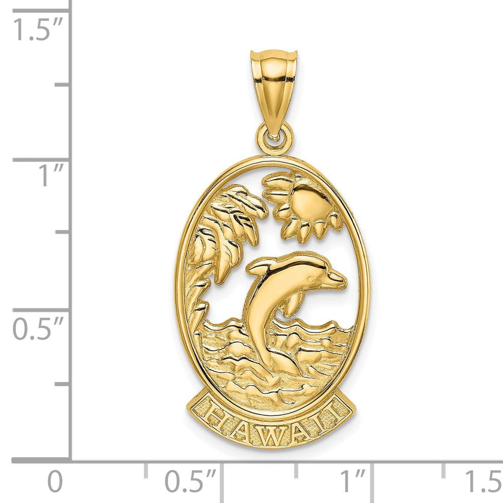 Lovely Rita's Pendants & Charms 14K Yellow Gold Polished Finish HAWAII with Dolphins, Waves, Sunshine Scene Back Ground Oval Shape Charm Pendant