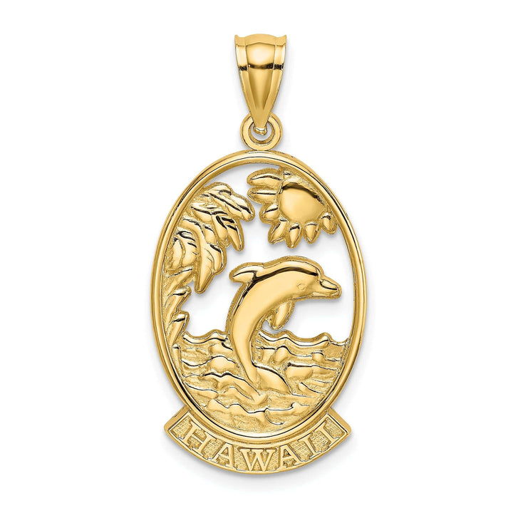 Lovely Rita's Pendants & Charms 14K Yellow Gold Polished Finish HAWAII with Dolphins, Waves, Sunshine Scene Back Ground Oval Shape Charm Pendant