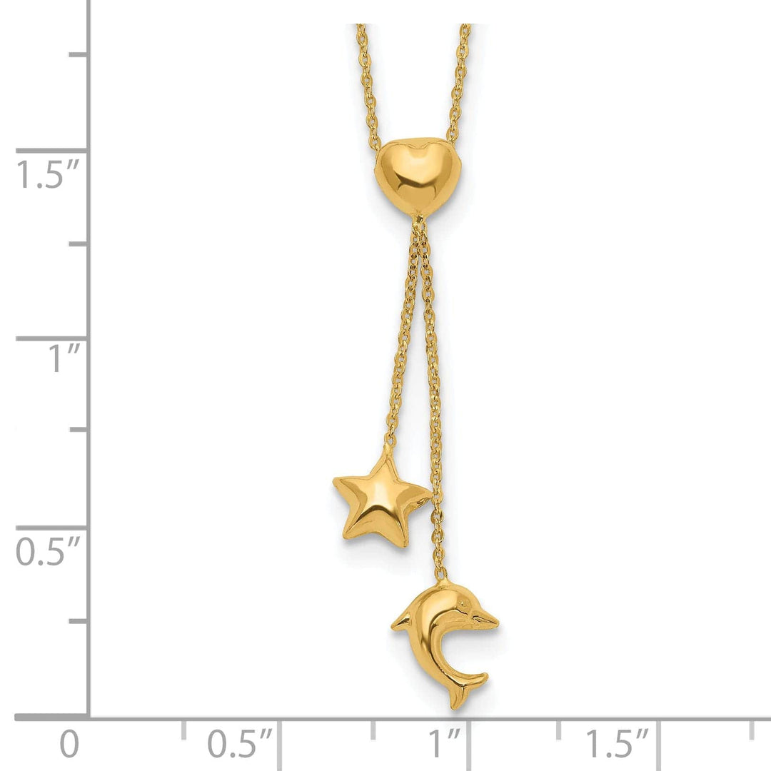 Lovely Rita's Pendants & Charms 14k Yellow Gold Polished Finish Heart, Star & Dolphin Fancy Pendant in a 16-inch Cable Chain Y-Necklace Set