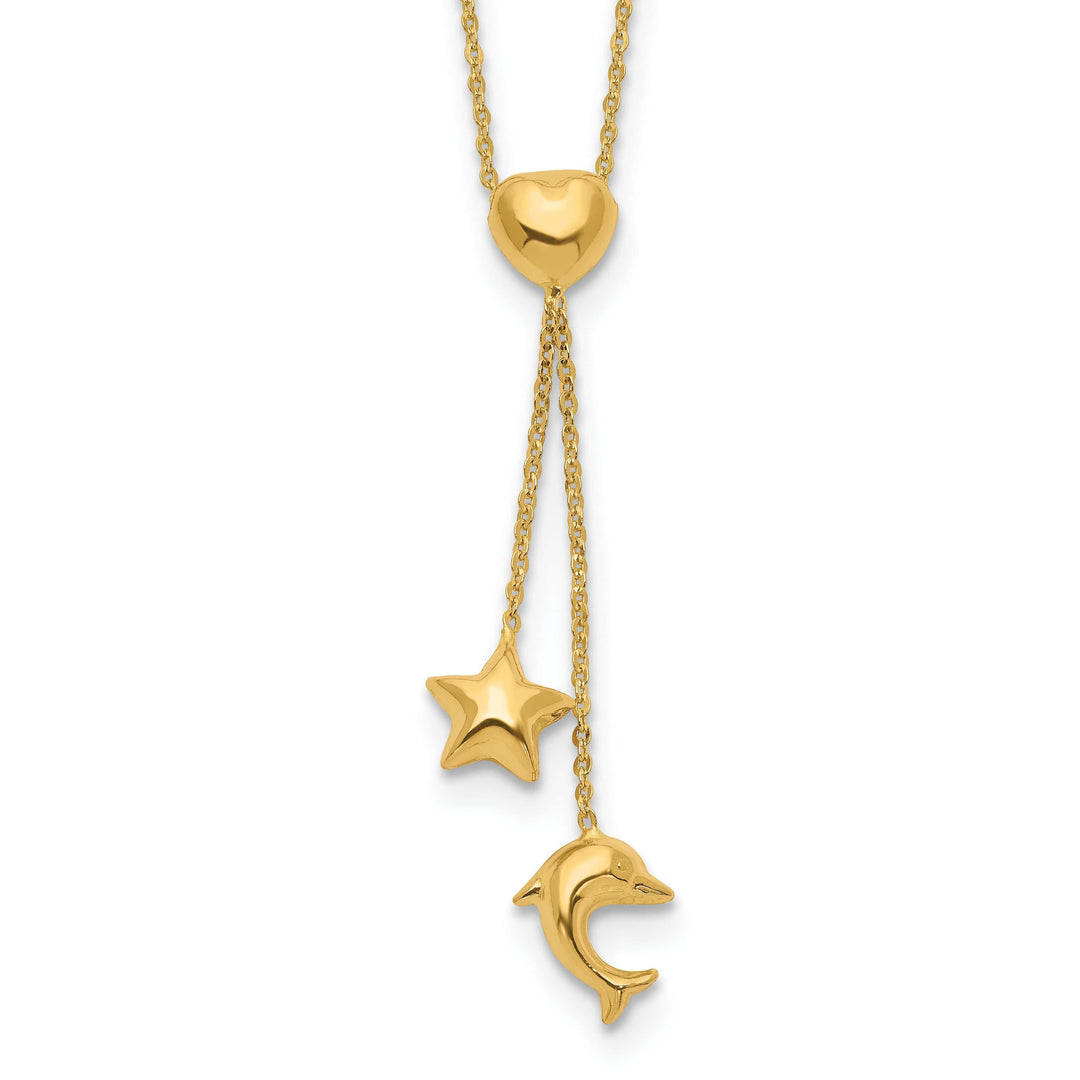 Lovely Rita's Pendants & Charms 14k Yellow Gold Polished Finish Heart, Star & Dolphin Fancy Pendant in a 16-inch Cable Chain Y-Necklace Set