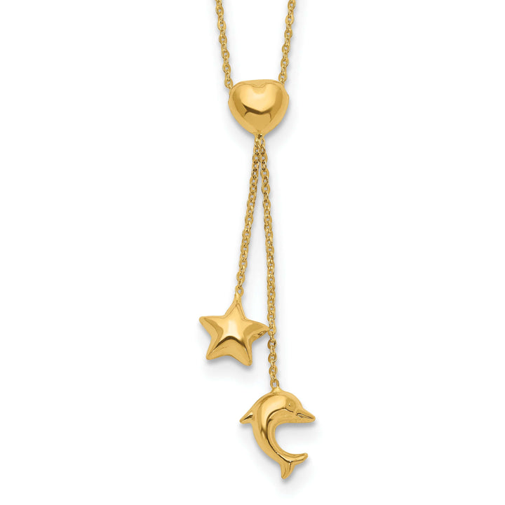 Lovely Rita's Pendants & Charms 14k Yellow Gold Polished Finish Heart, Star & Dolphin Fancy Pendant in a 16-inch Cable Chain Y-Necklace Set