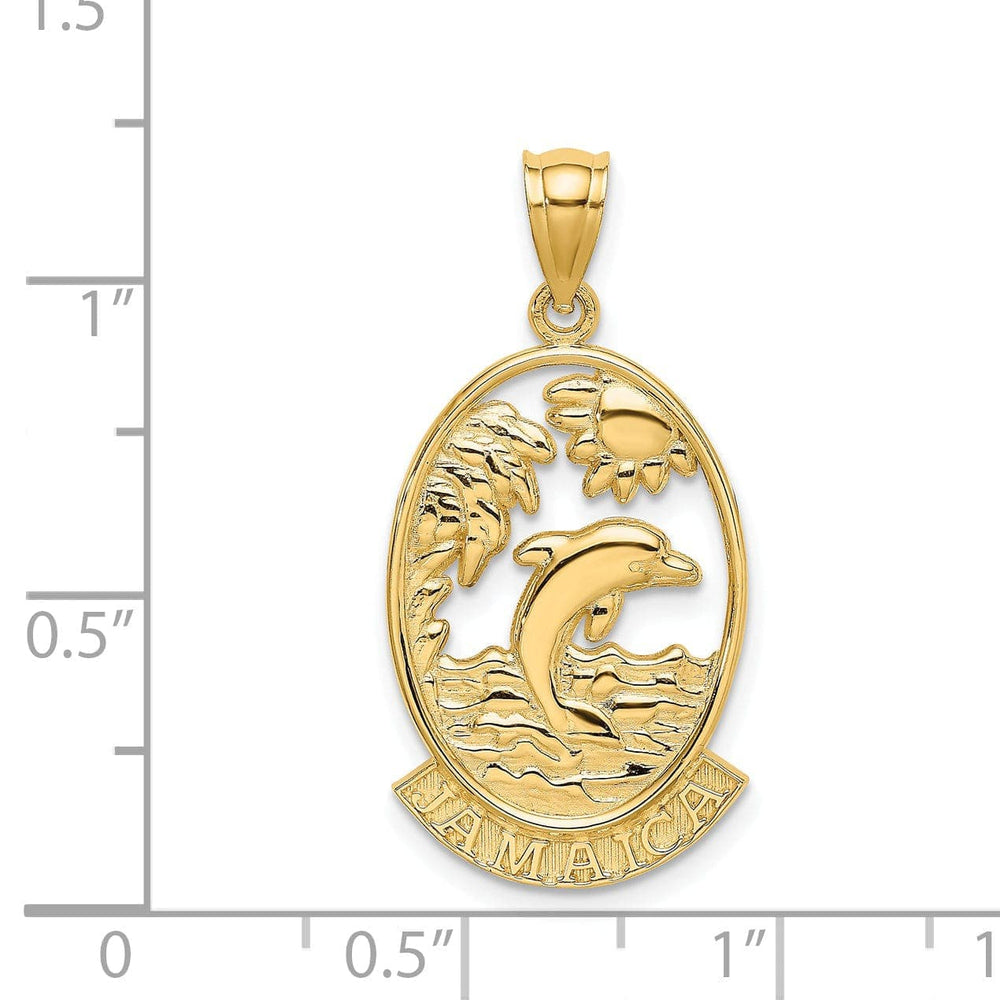 Lovely Rita's Pendants & Charms 14K Yellow Gold Polished Finish JAMAICA with Dolphins, Waves, Sunshine Scene Back Ground Oval Shape Charm Pendant