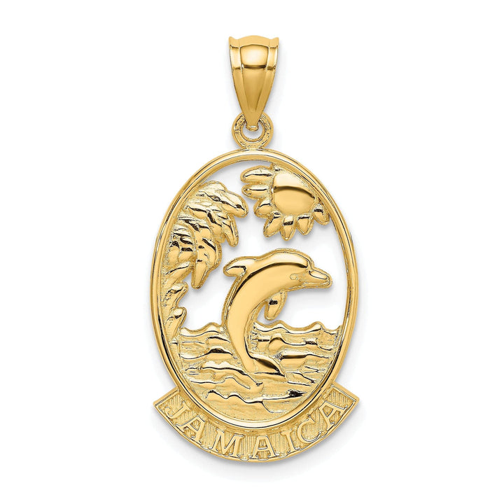 Lovely Rita's Pendants & Charms 14K Yellow Gold Polished Finish JAMAICA with Dolphins, Waves, Sunshine Scene Back Ground Oval Shape Charm Pendant