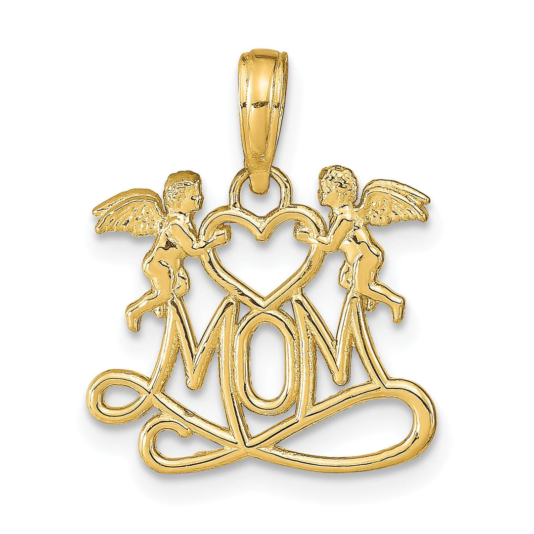 Lovely Rita's Pendants & Charms 14K Yellow Gold Polished Finish MOM with 2 Angels Holding Heart Design Charm Pendant