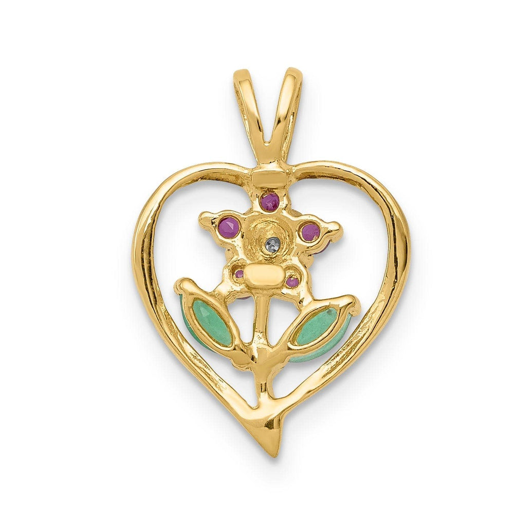 Lovely Rita's Pendants & Charms 14k Yellow Gold Polished Finish Open Back 0.315-CT Ruby/Emerald/0.003-CT Diamond Beautiful Flower in Heart Design Charm Pendant