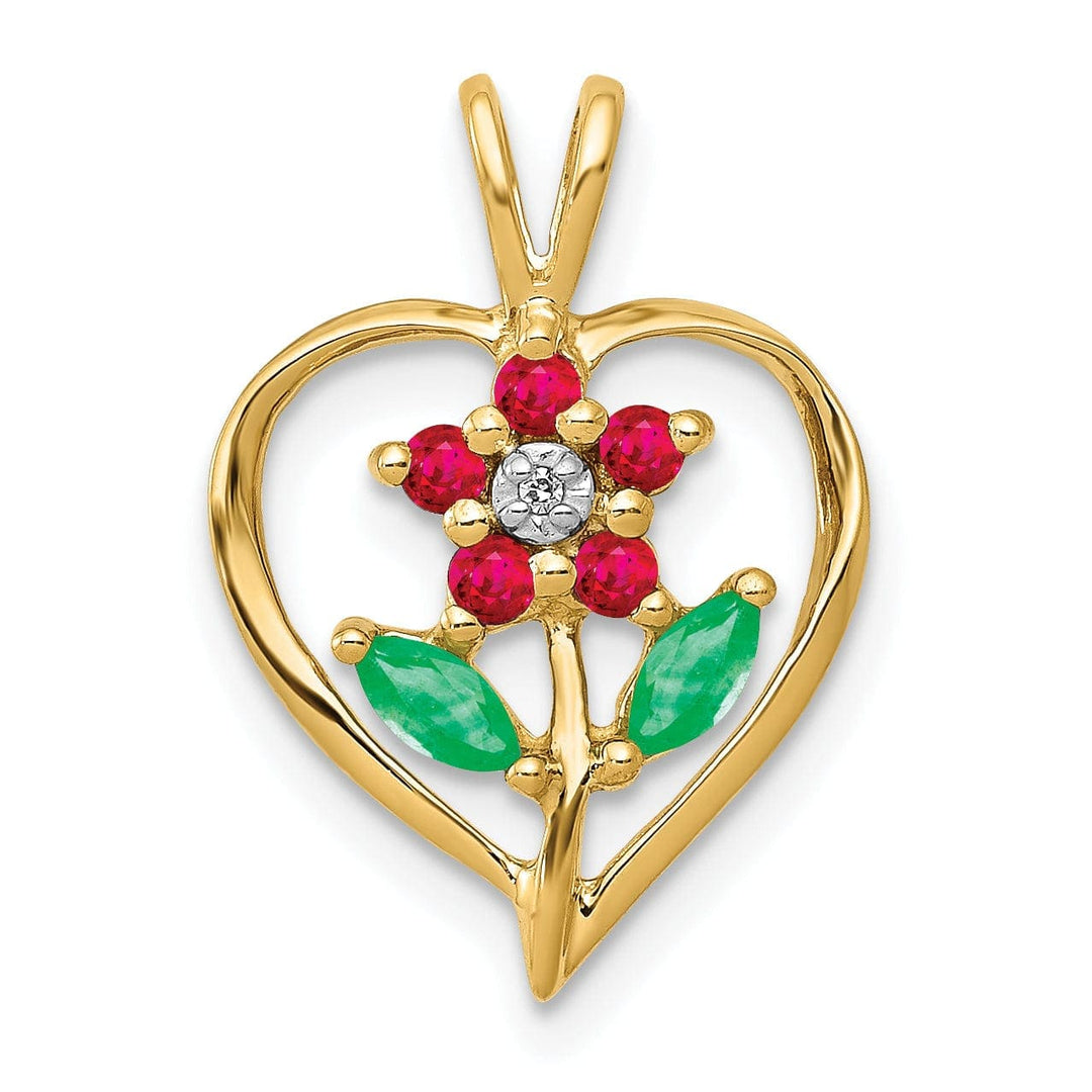 Lovely Rita's Pendants & Charms 14k Yellow Gold Polished Finish Open Back 0.315-CT Ruby/Emerald/0.003-CT Diamond Beautiful Flower in Heart Design Charm Pendant